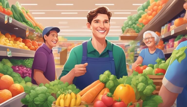 Smiling grocery store workers and customers surrounded by fresh produce