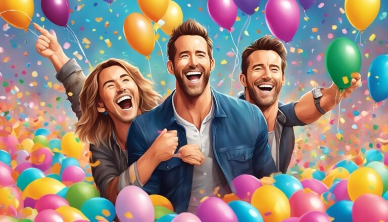 Three laughing men surrounded by balloons and confetti, celebrating