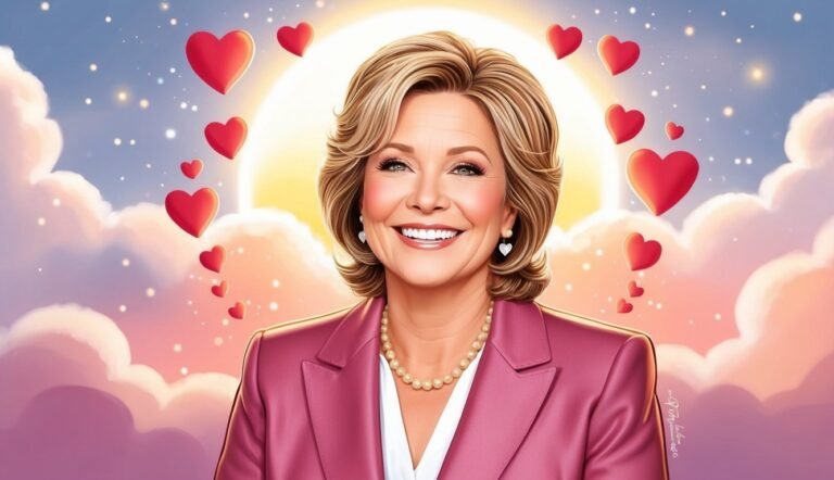 Smiling woman in pink suit surrounded by hearts and a bright background