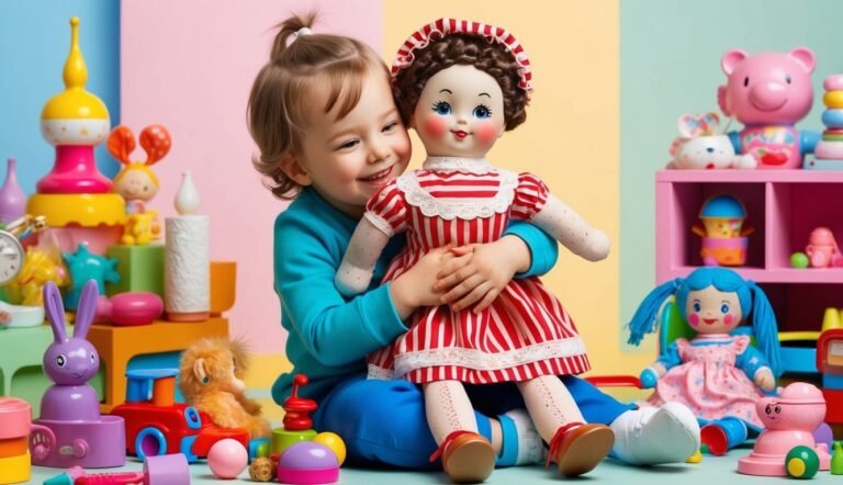 Smiling child hugging a doll in a red and white striped dress, surrounded by toys