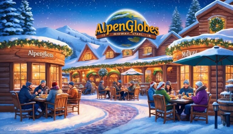 Winter scene with people dining outside a restaurant, snowy mountains