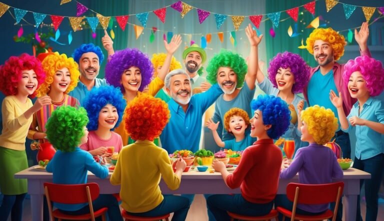 A group of people with colorful wigs at a festive party