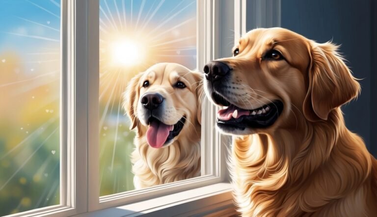 Two golden retrievers looking out a window at the bright sun