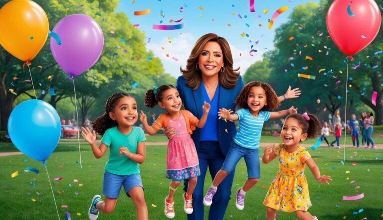 Woman and four children celebrating with balloons and confetti in a park