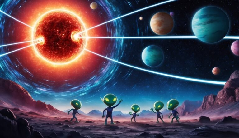 Aliens on a planet with a red sun, planets, and cosmic rays