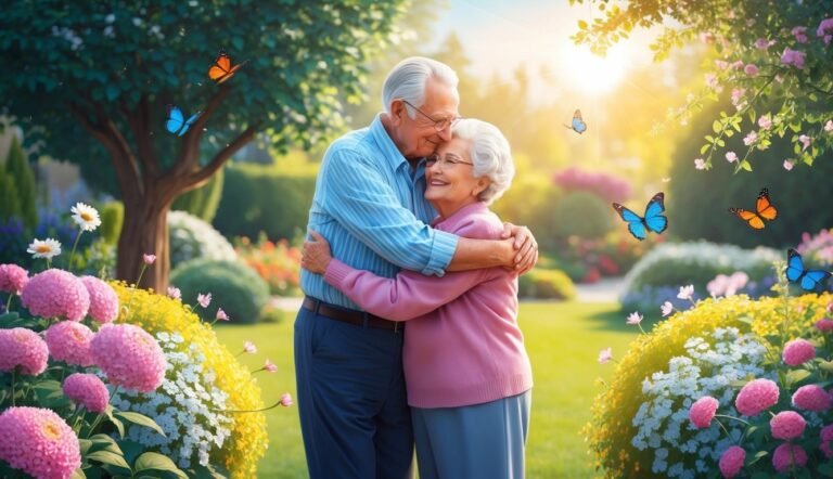 Elderly couple embracing in a garden with butterflies and flowers