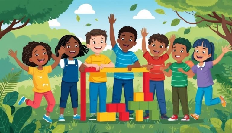 Seven diverse children waving and smiling, playing with colorful blocks outdoors