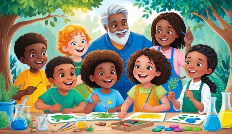 Group of children and a teacher painting outdoors with science tools