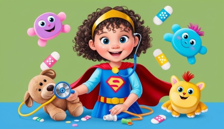 A girl dressed as a superhero doctor with toys and bandages