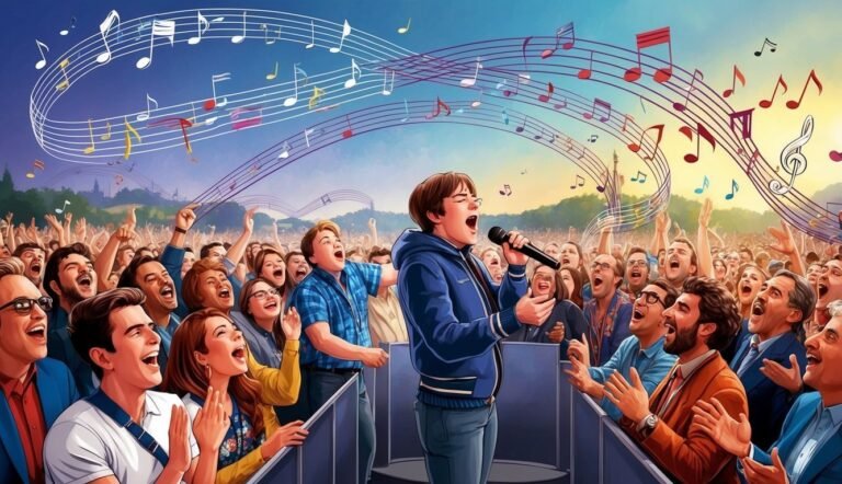 Singer on stage with a microphone, surrounded by a cheering crowd and musical notes