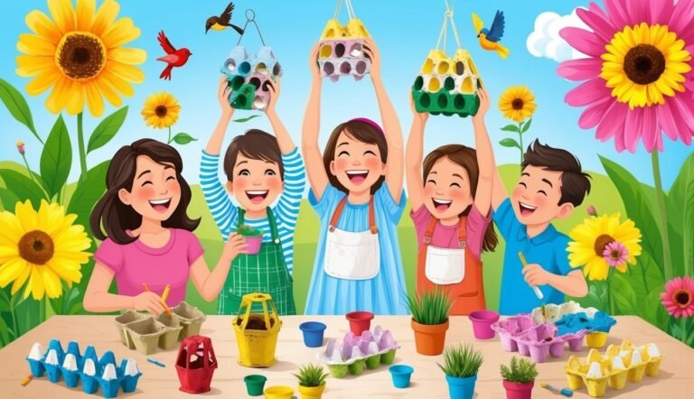 Five children crafting birdhouses from egg cartons, surrounded by flowers