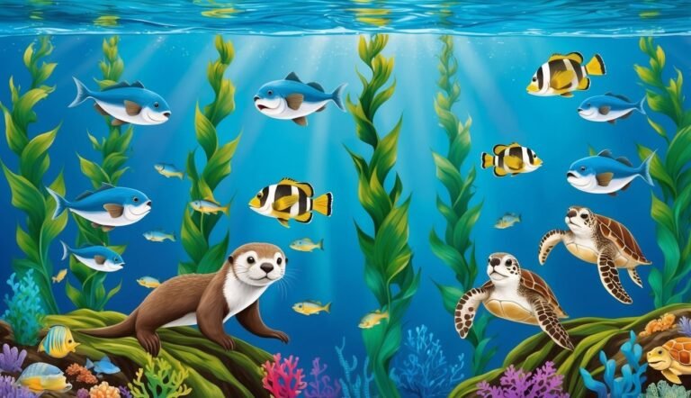Underwater scene with fish, sea turtles, and an otter