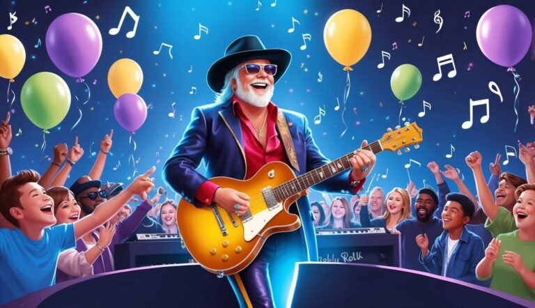 A musician plays guitar on stage, surrounded by a cheering crowd and balloons