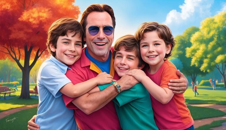 Father and three sons smiling and hugging in a park setting