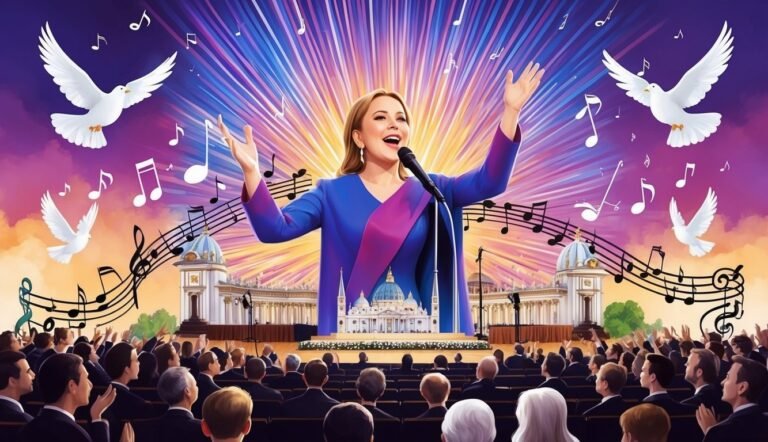 Woman singing on stage with doves, music notes, and audience