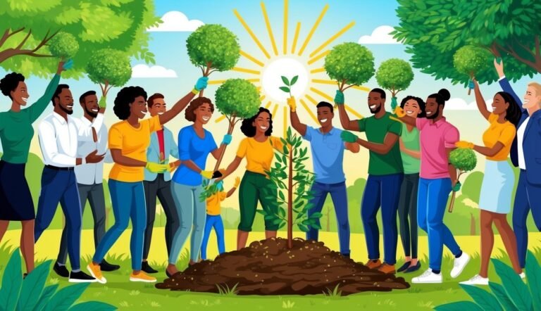 Group of diverse people planting a tree together under a bright sun