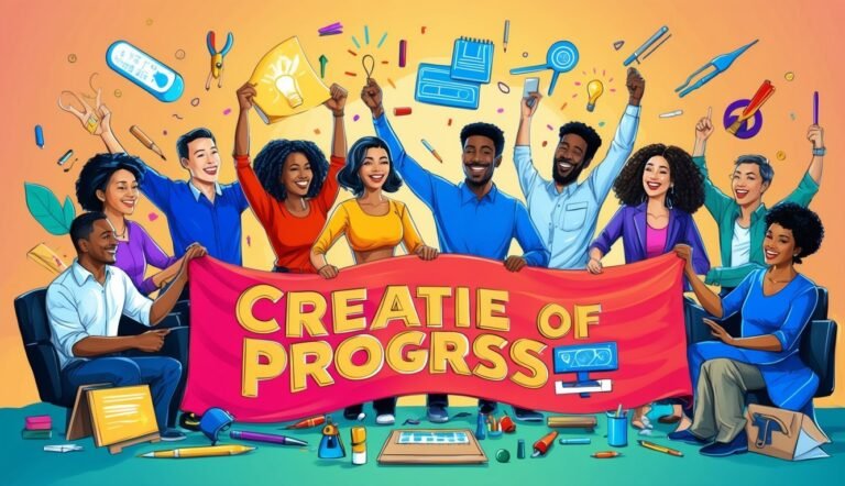 Diverse team holding a banner that says "Create of Progress" with tools