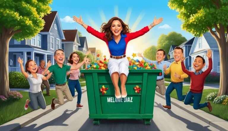 Woman sits on a dumpster, surrounded by happy people in a neighborhood