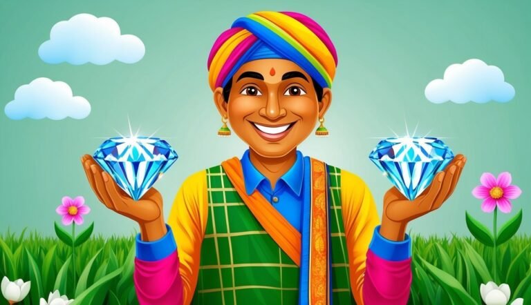 Smiling man in colorful turban holding two large diamonds