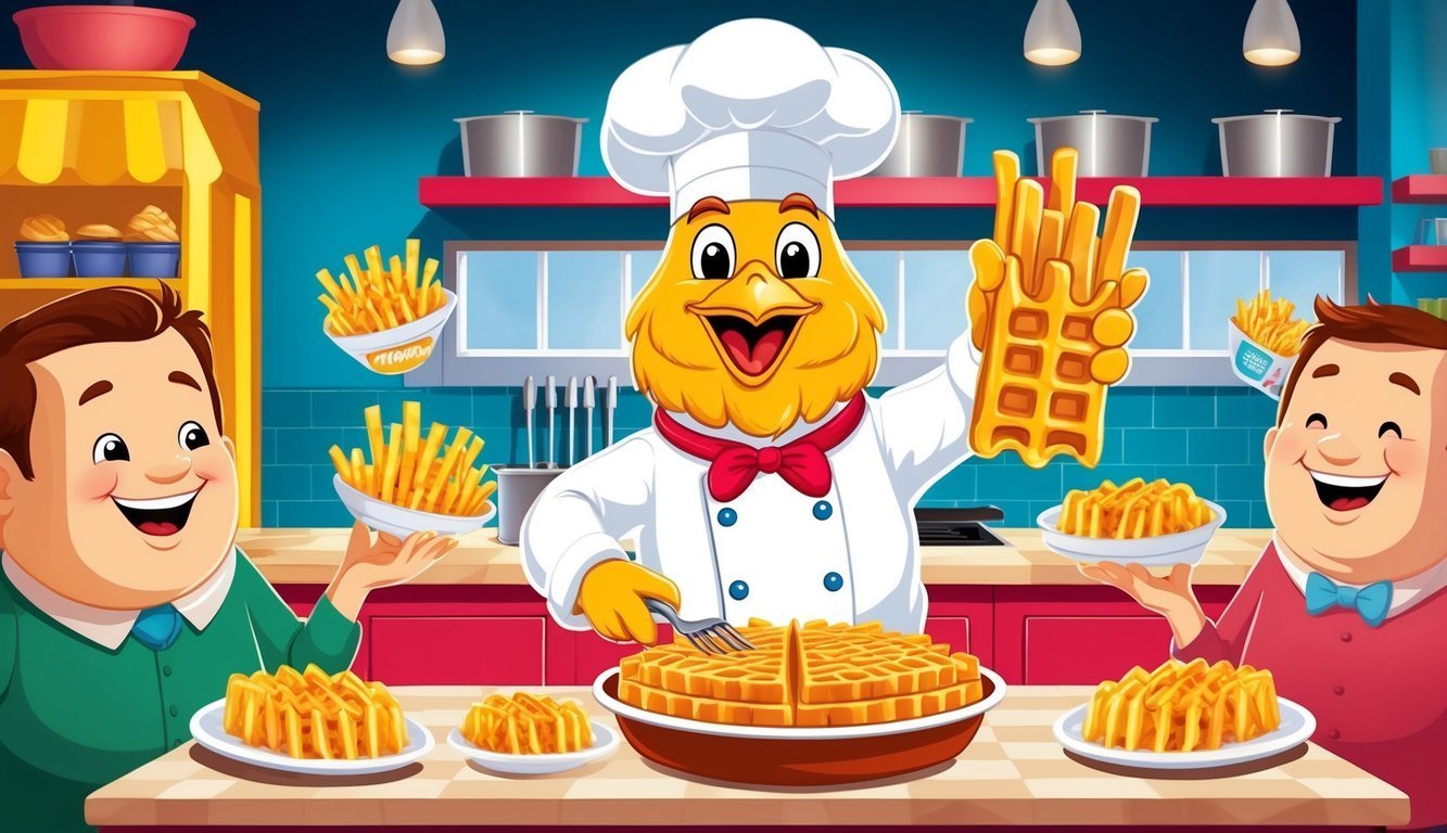 A chef chicken with waffles and two men with plates of fries