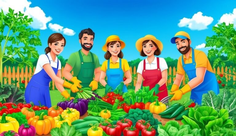 Five farmers harvesting a variety of colorful vegetables in a garden