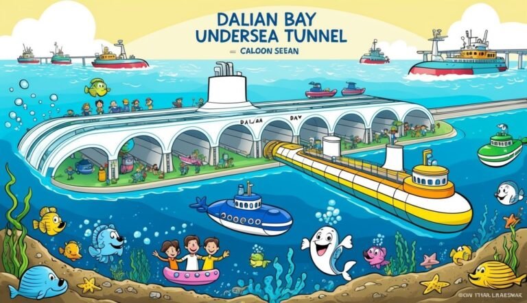 Cartoon illustration of Dalian Bay undersea tunnel with boats and sea creatures