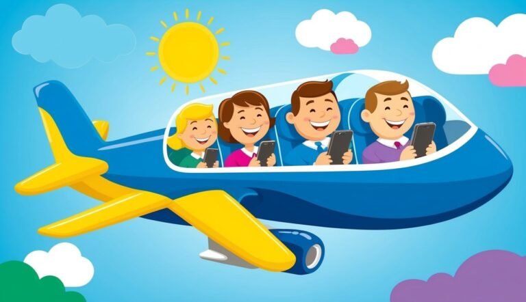 Cartoon airplane with smiling passengers using smartphones in the sky