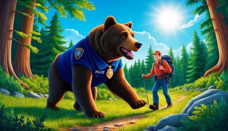 A bear in a police uniform walks with a hiker on a forest path