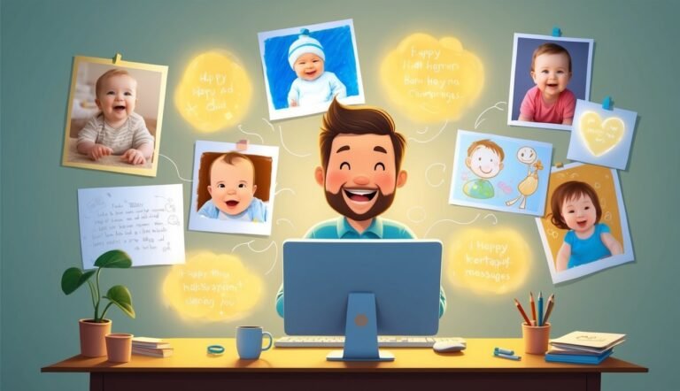 Man at desk surrounded by baby photos and messages on a wall