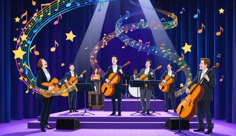 Cartoon illustration of a musical ensemble playing stringed instruments on stage