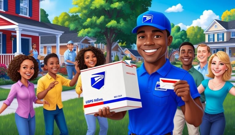USPS mail carrier with package and smiling neighbors in a neighborhood