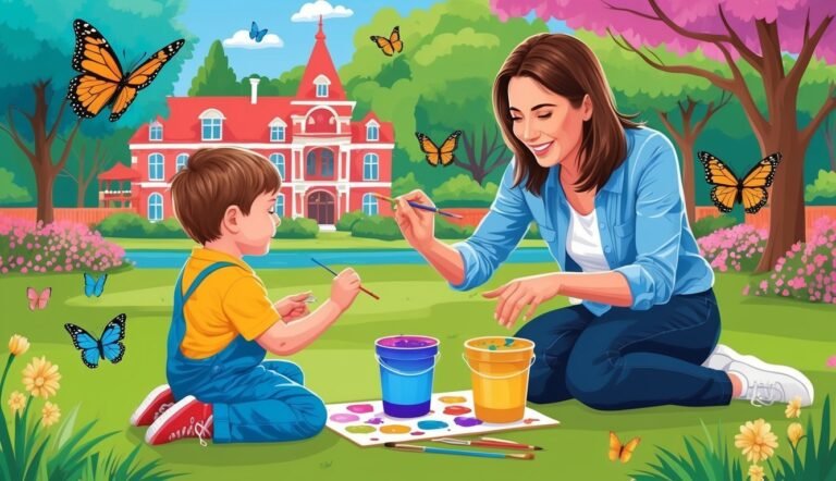 Woman and child painting outdoors, butterflies and a red house in background