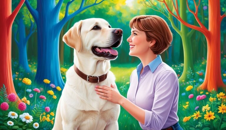 Woman petting a yellow Labrador dog in a colorful forest setting