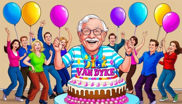 Dick Van Dyke birthday celebration with cake, balloons, and a group of people