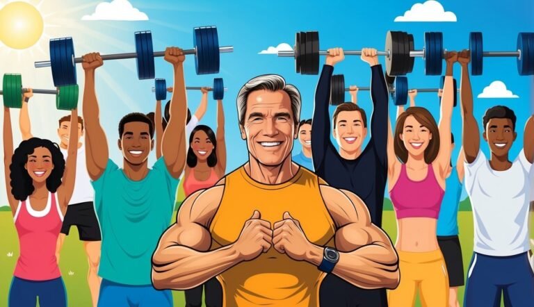 Group of diverse people lifting weights outdoors, smiling