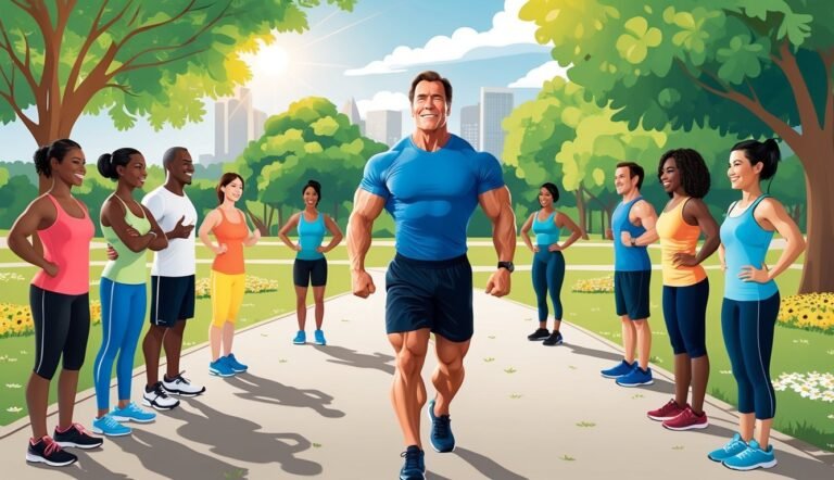 Muscular man leads a diverse group in fitness training outdoors
