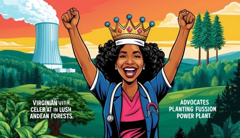 Illustration of a woman in a crown celebrating near a power plant