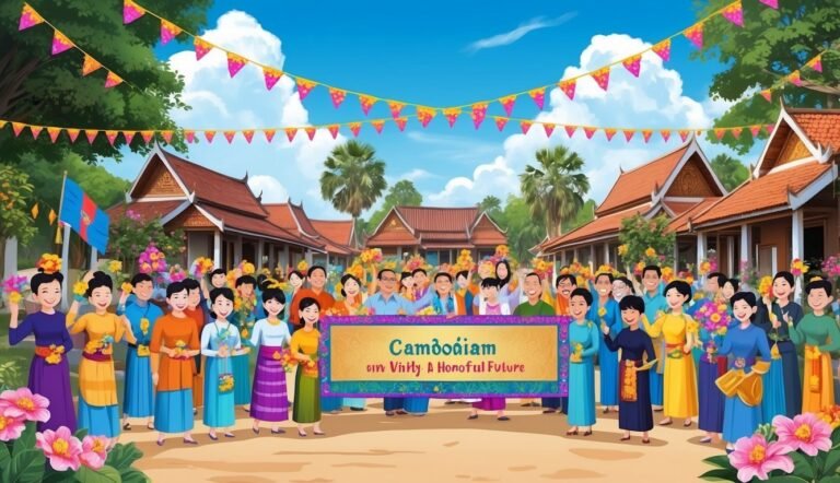 Group of people holding a banner with Cambodian text, festive scene