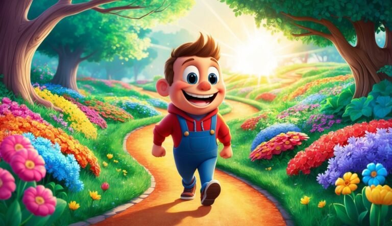 Cartoon boy walking on a path through a colorful flower garden