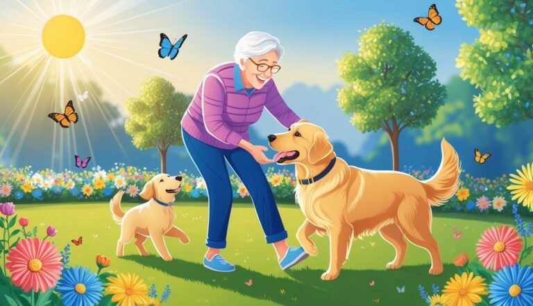 An elderly woman pets two golden retrievers in a sunny garden with butterflies