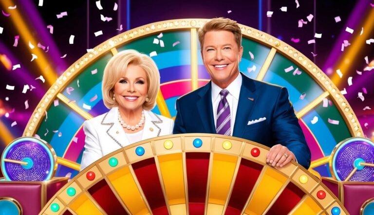 Two smiling people stand behind a colorful game show wheel