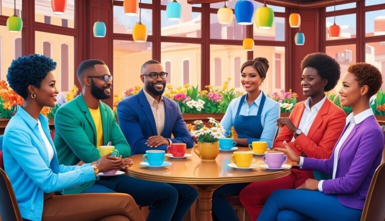 Six diverse people smiling and talking around a table with coffee cups