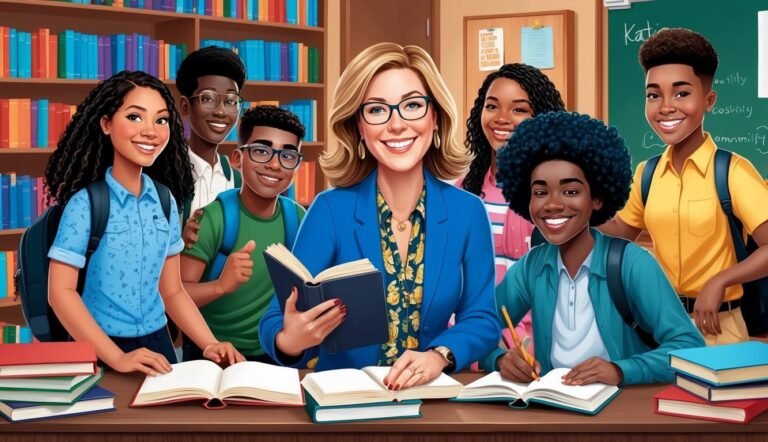 Teacher and students smiling in a classroom with books and a chalkboard