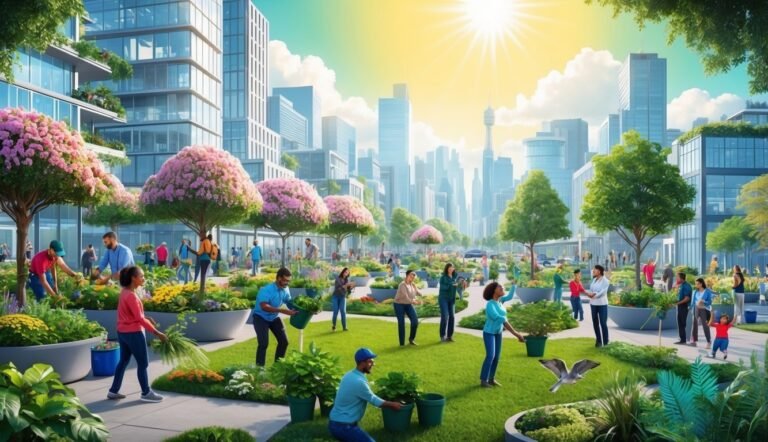 People gardening in a vibrant urban park with skyscrapers and flowering trees