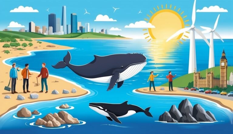 Whales swimming near a beach with people, city, and wind turbines
