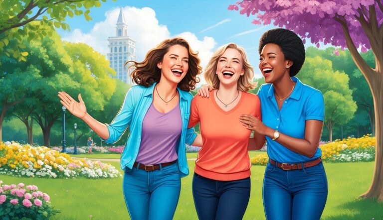 Three diverse women laughing and walking in a park with flowers and trees