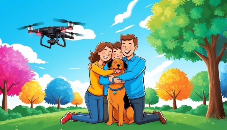 Family hugging dog in park with drone flying overhead