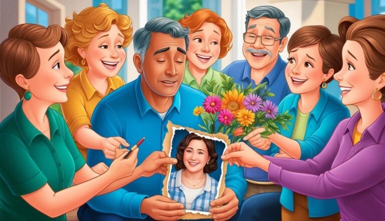 Family gathered around a man looking at a photo, holding flowers