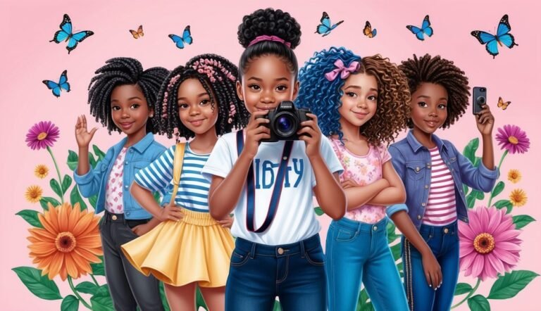 Five diverse girls with flowers and butterflies, one holding a camera