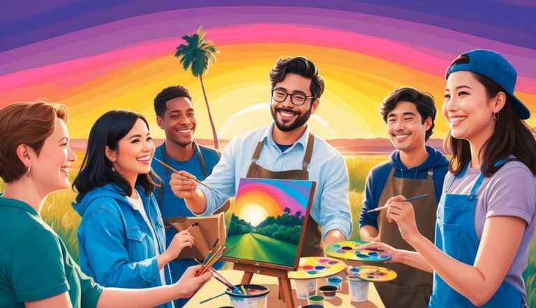 Group of diverse people painting outdoors, smiling at each other